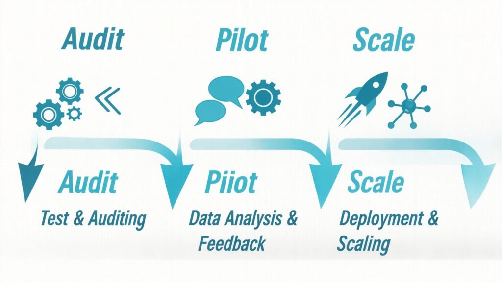 AI adoption framework 2026 — three-stage roadmap for businesses: audit weeks 1-4, pilot months 2-4, scale months 5-12