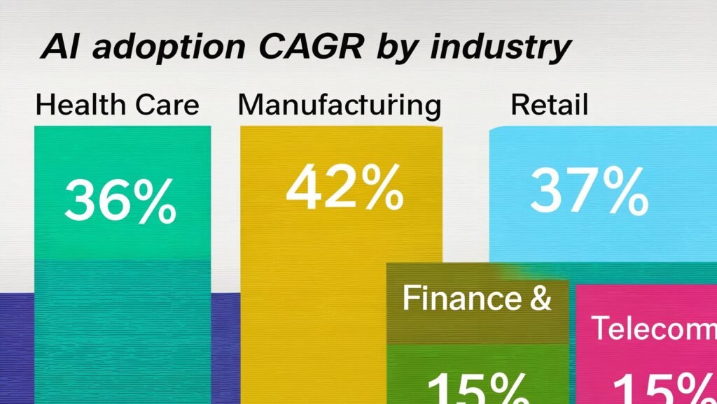 AI adoption growth rate by industry 2026 — healthcare, manufacturing, retail, finance sector CAGR comparison