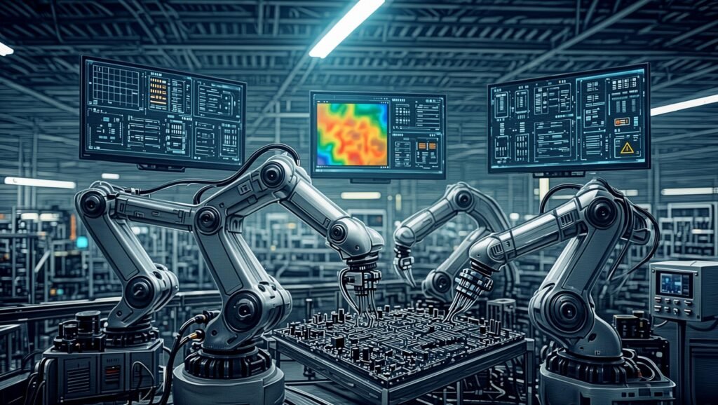 AI-powered smart factory floor showing predictive maintenance and computer vision quality control in 2026