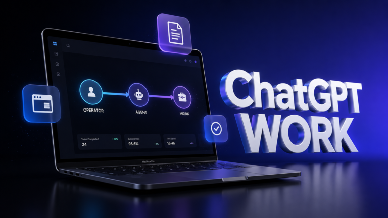 3D illustration of a laptop displaying an AI agent workflow diagram transitioning from Operator to ChatGPT Work